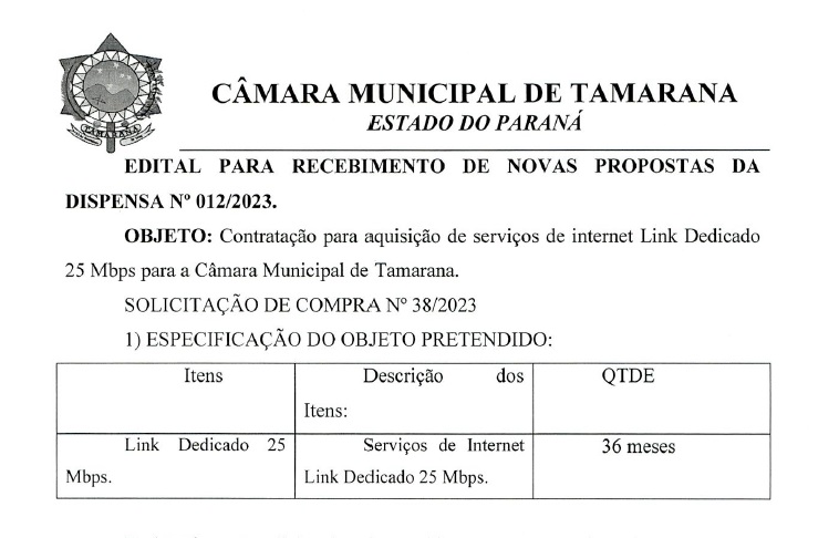 Edital para Recebimento de Novas Propostas da Dispensa Nº 012/2023